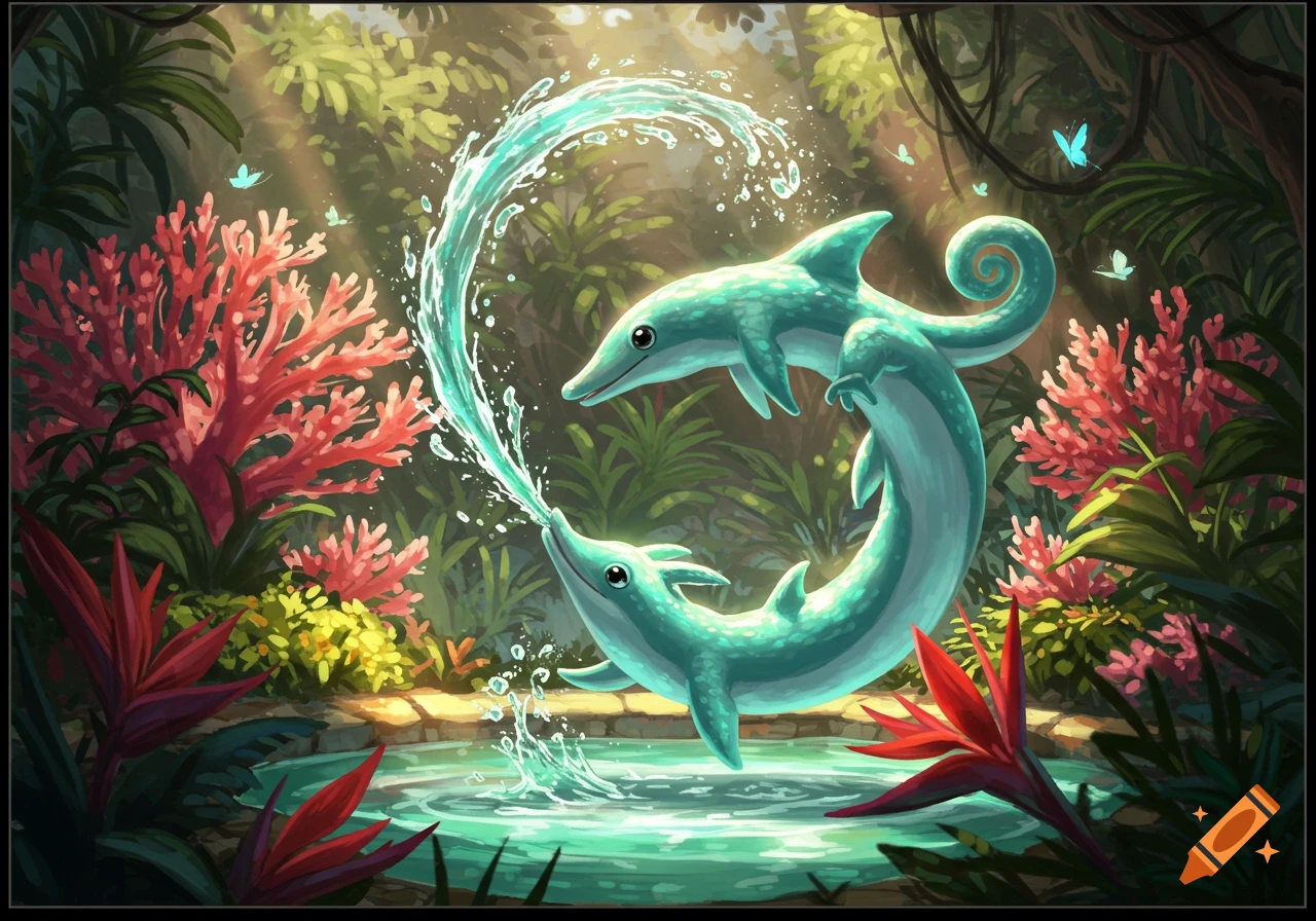 Two stylized teal dolphins play with water in a lush, sunlit jungle pond with vibrant plants and blue butterflies, in an illustrated fantasy style.