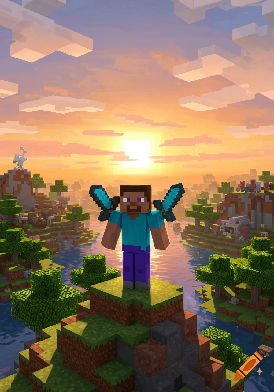 Minecraft character Steve with diamond swords on his back stands on a hill overlooking a blocky landscape at sunset.