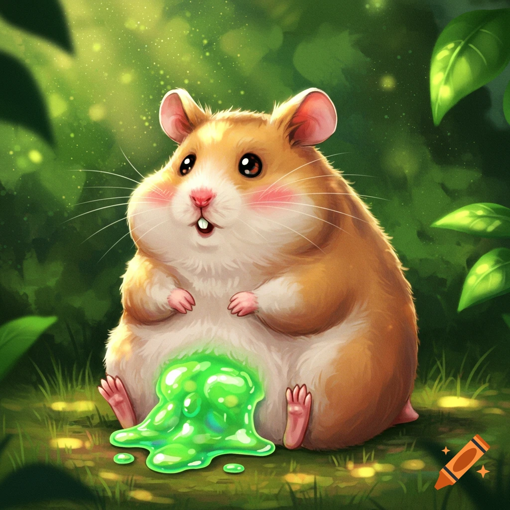 A cute, fluffy hamster with rosy cheeks sits on green grass, bright green slime oozing beneath it in a cartoon style.