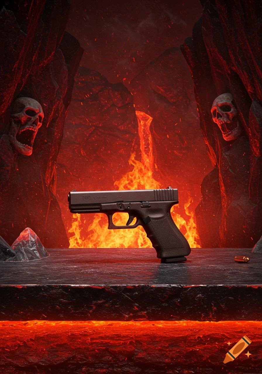 A Glock pistol on a stone slab in a fiery, hellish cavern with skull carvings.