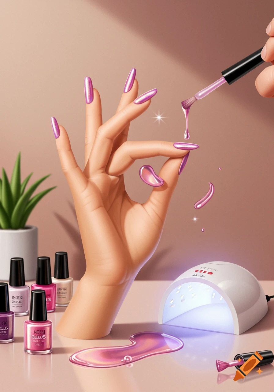 A close-up of a hand with purple iridescent nails, bottles of nail polish, and a UV lamp on a beige surface, with pink nail polish spilled.