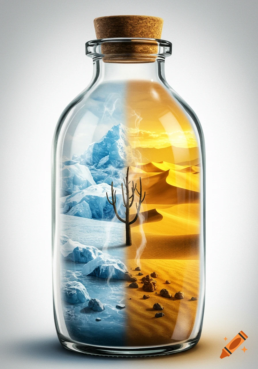 A glass bottle with a cork contains a split landscape: icy blue arctic on the left, golden desert on the right, with a barren tree at the divide.