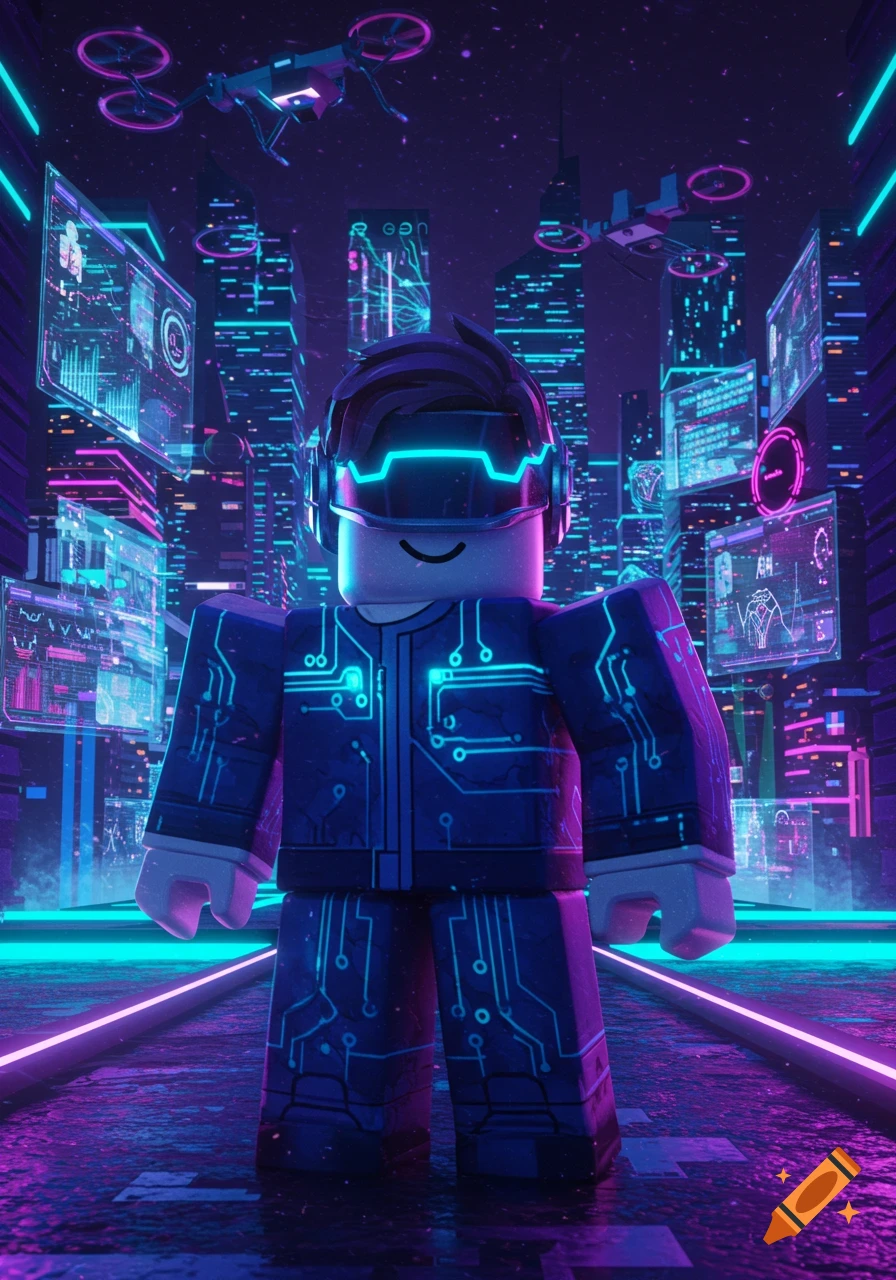 Roblox avatar with VR headset in a neon-lit futuristic city with drones and holographic screens. Cyberpunk style.