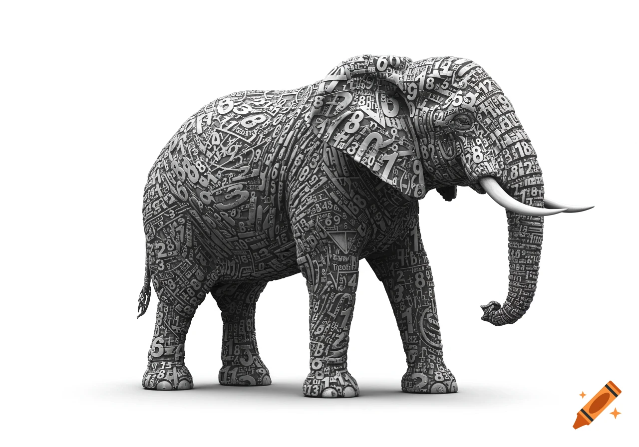 A sculptural elephant composed entirely of numbers and mathematical symbols, standing in profile on a white background.