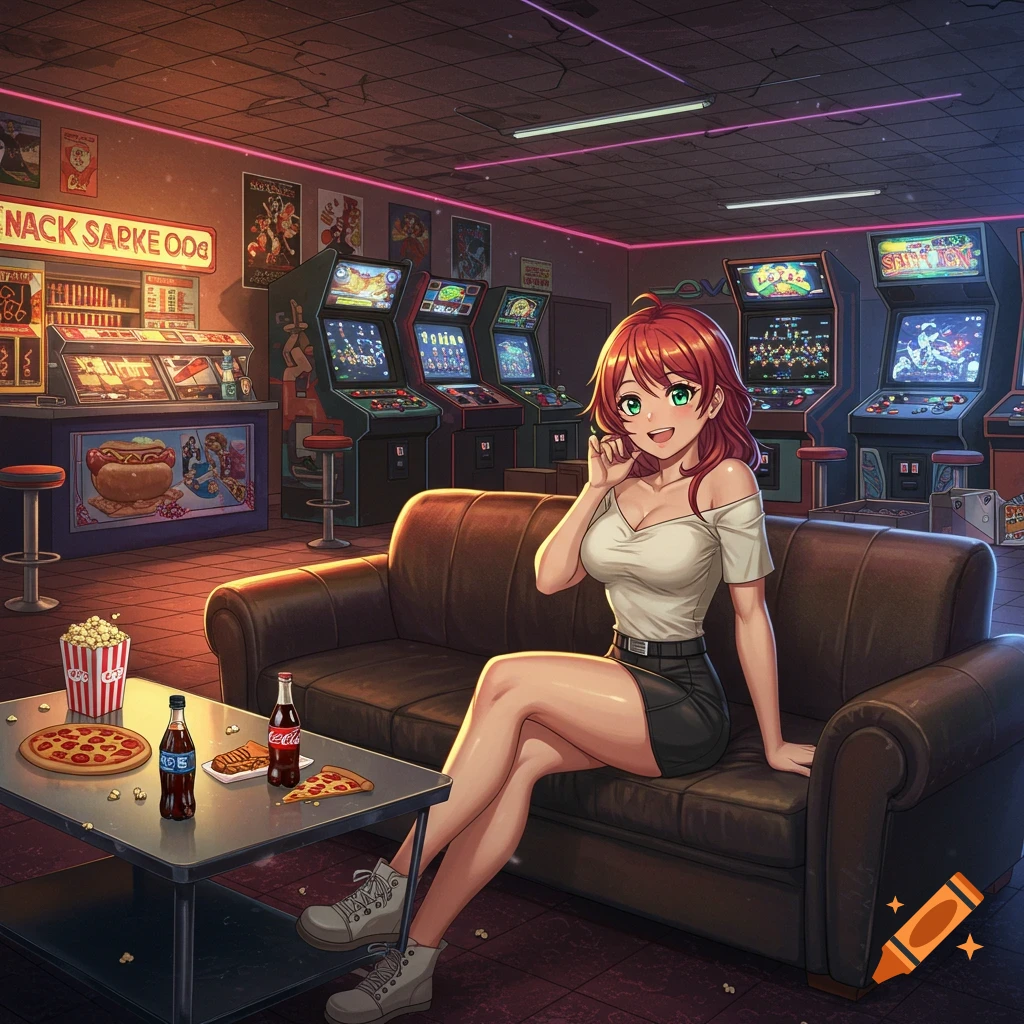 Anime-style redhead woman smiling on a couch in a vibrant 1980s arcade with snack bar and game cabinets.