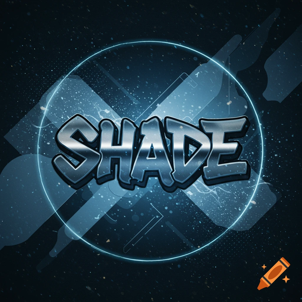 Metallic 'SHADE' logo in a glowing blue circle on a dark abstract background with light particles.