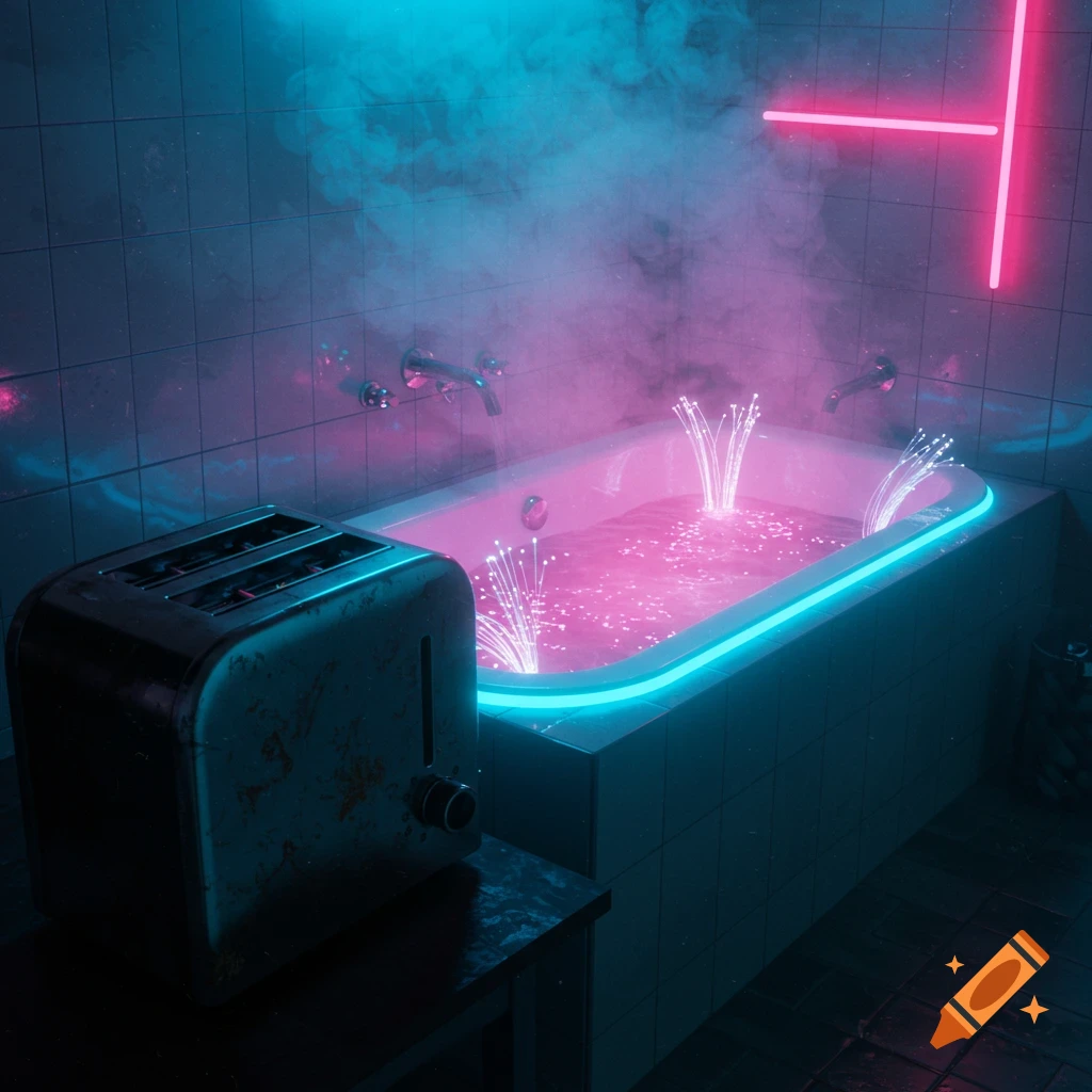 A dark, tiled bathroom with a glowing pink bathtub and blue neon trim, emitting smoke and light tendrils. A toaster sits on a small table in the foreground, illuminated by blue and pink light.