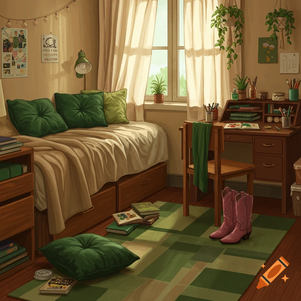Cozy dorm room with a bed, desk, green bedding, and pink cowboy boots on a green rug, bathed in warm sunlight.