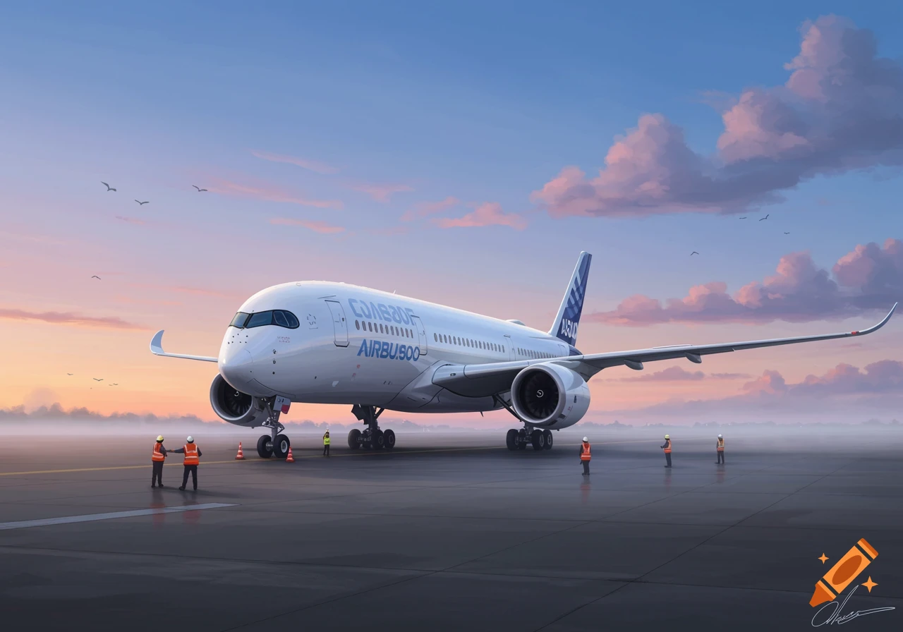 Large white Airbus A350 passenger jet on an airfield with ground crew at sunset.