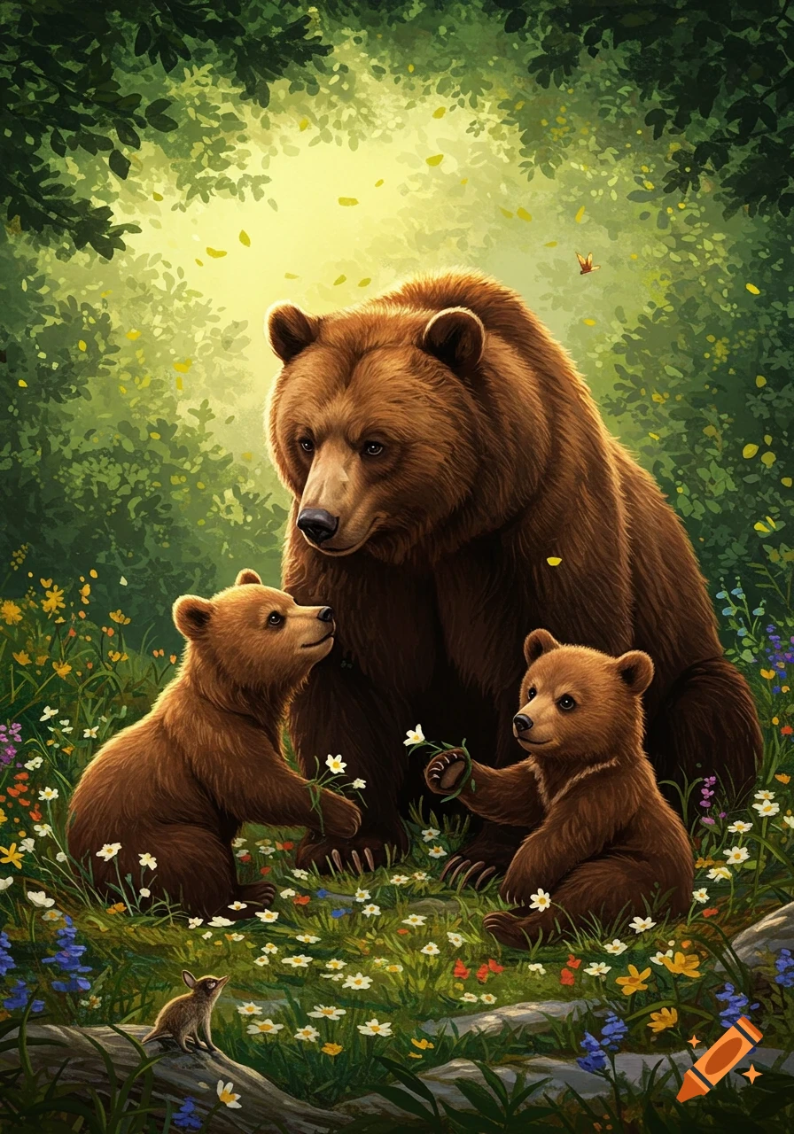 Illustrated mother bear with two cubs in a vibrant, sunlit forest. A cub holds a flower, with wildflowers and a mouse in the foreground.