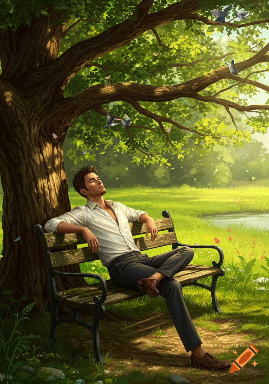 A man in a white shirt and gray pants relaxes on a park bench under a large tree, bathed in sunlight. Birds are perched on branches.