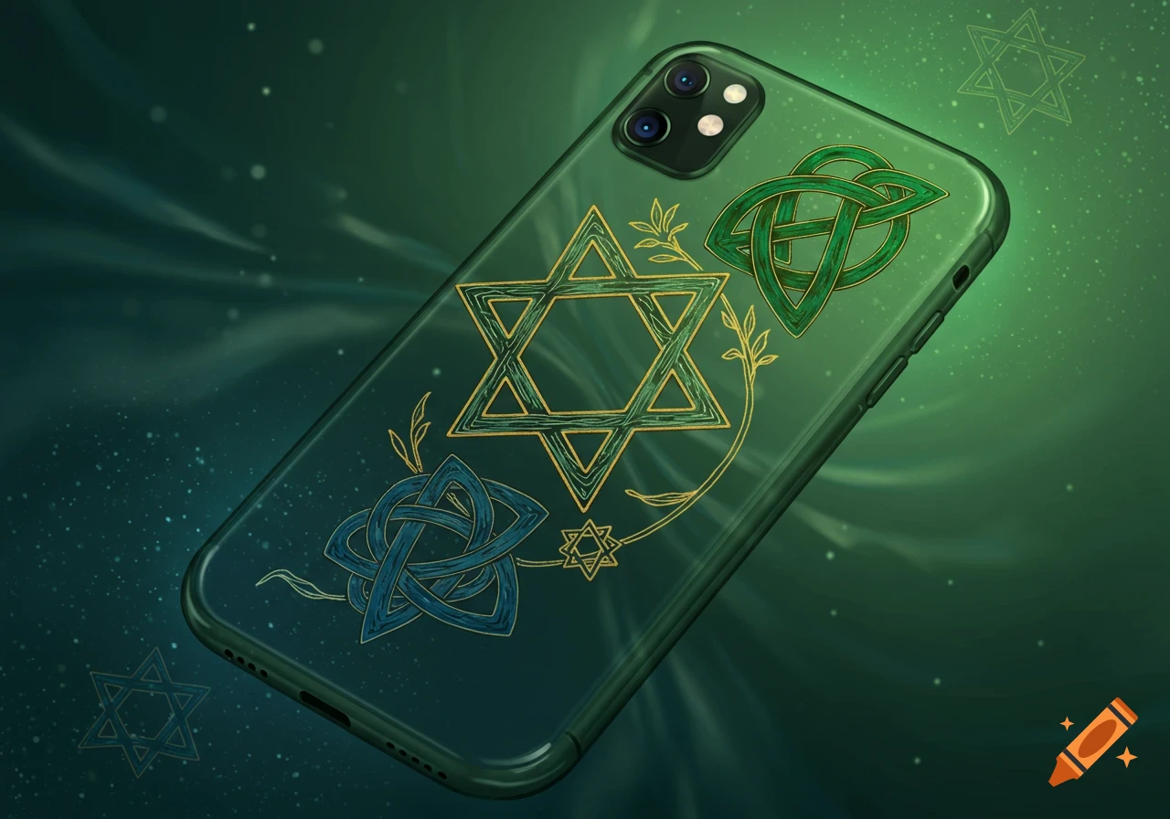 A green phone case featuring a gold Star of David and green and blue Celtic knots, set against a dark green background.