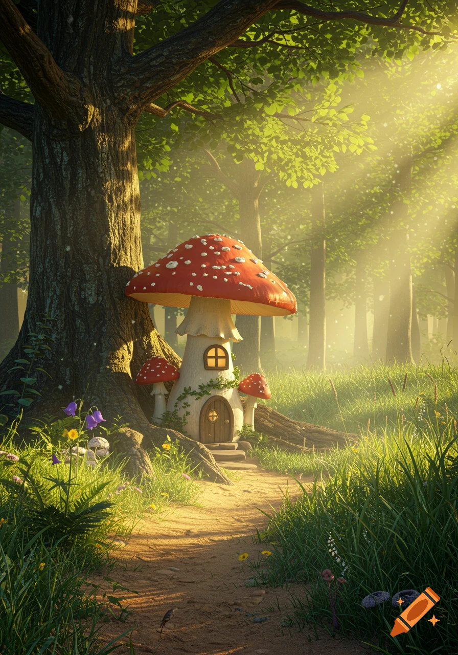 A whimsical mushroom house with a glowing window and a wooden door at the base of a large tree in a sun-drenched forest with a dirt path.