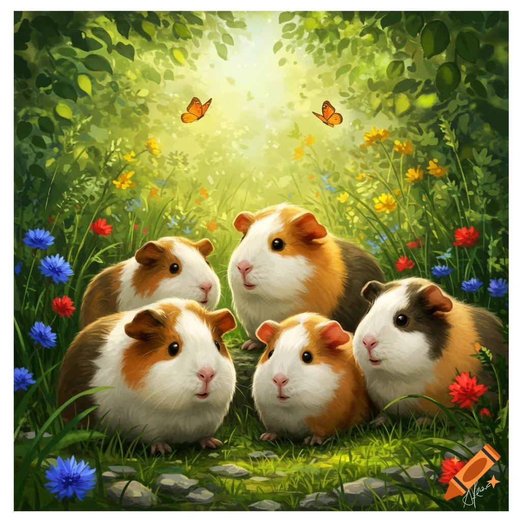 Five guinea pigs on a lush forest floor surrounded by colorful wildflowers, with two butterflies fluttering above.