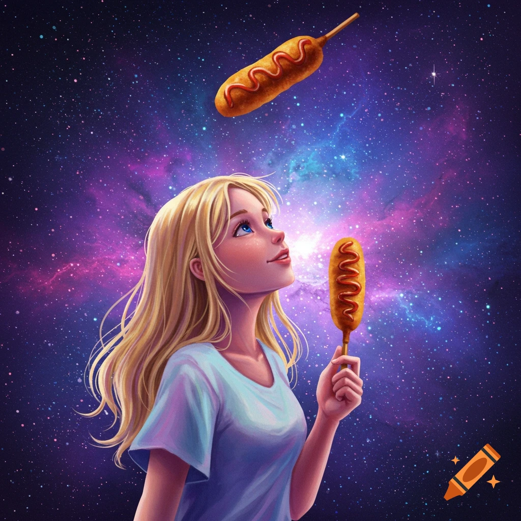 Illustrated blonde girl in space looking up at a floating corn dog, while holding another.