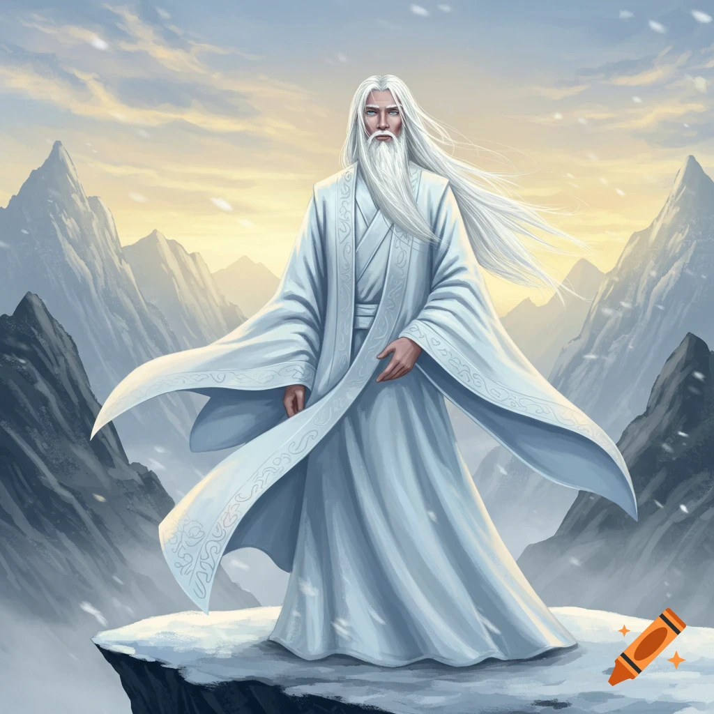 A wise man with long white hair and beard, wearing a white robe, stands on a snowy mountain peak as the sun rises.