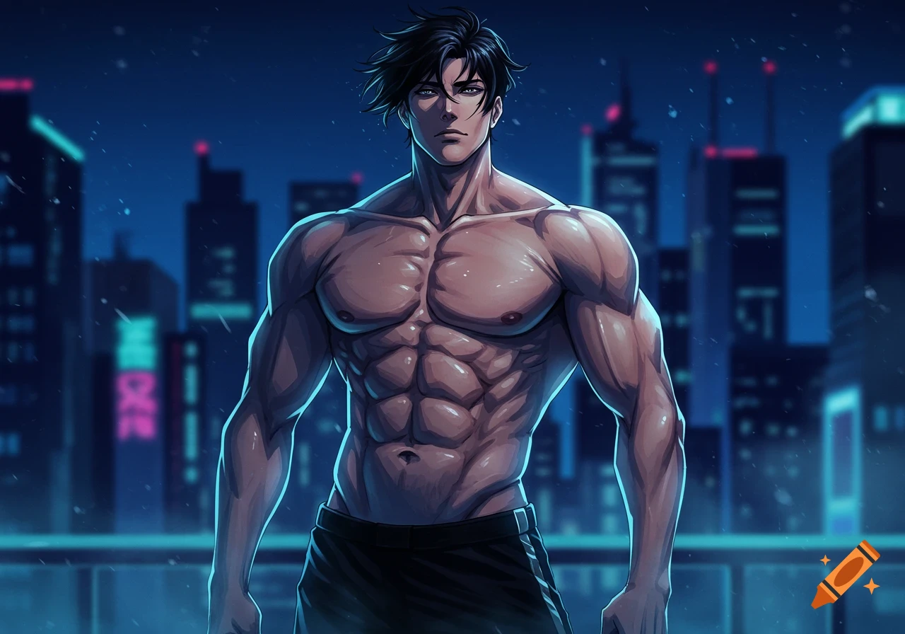 A muscular anime man with dark hair and chiseled abs stands shirtless against a dark city skyline at night.