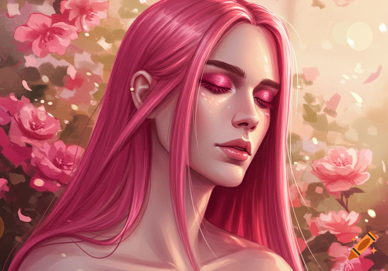 A serene oil painting portrait of a person with long pink hair and closed eyes, surrounded by pink flowers.