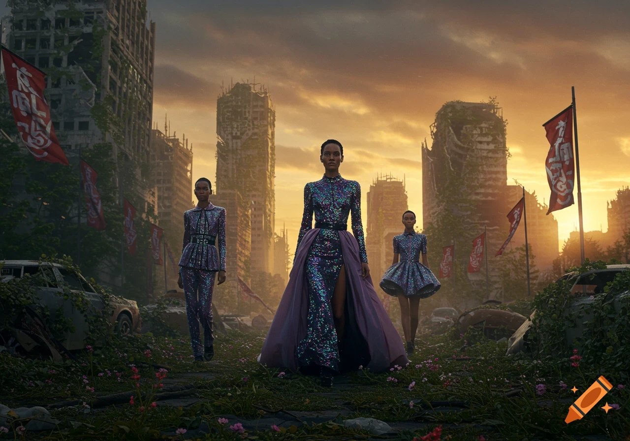 Three women in elaborate, sparkling outfits walk on a grassy path through the ruins of a city at sunset.