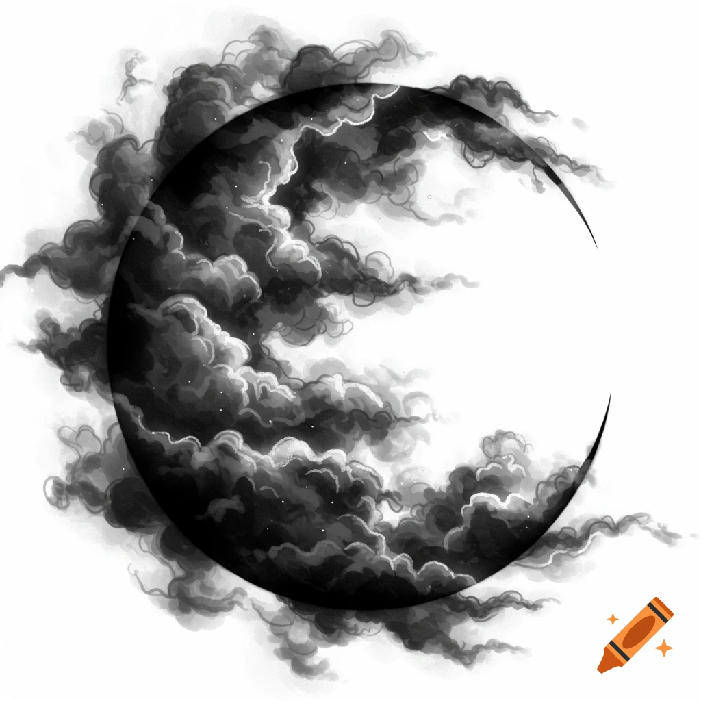 A black crescent moon shape surrounded by dark, swirling clouds with small white specks, rendered in a black and white tattoo art style.