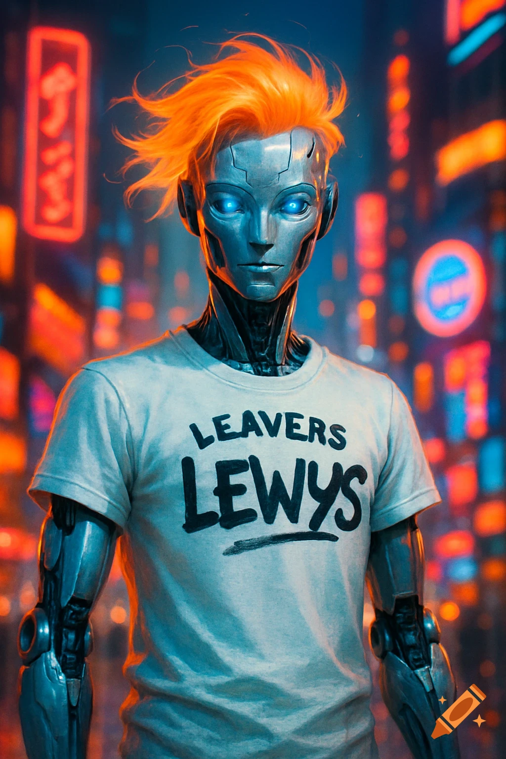 A close-up shot of a robot with bright orange hair and glowing blue eyes, wearing a white t-shirt that says "LEAVERS LEWYS" in black letters, set against a blurred background of a neon-lit city.