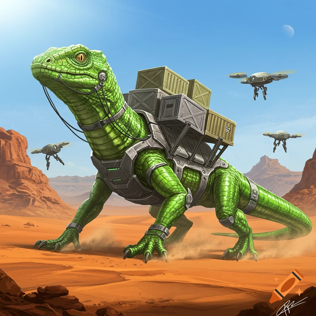 A large green lizard-like creature with a mechanical harness and cargo boxes walks through a desert, with drones flying overhead.