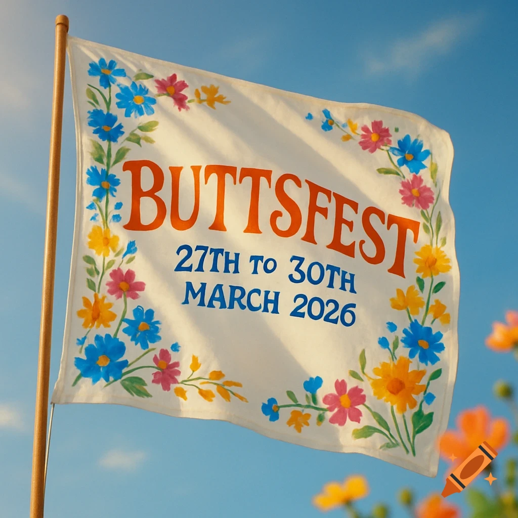A white festival flag with 'BUTTSFEST 27th to 30th MARCH 2026' in colorful text, bordered by vibrant flowers, against a blue sky.