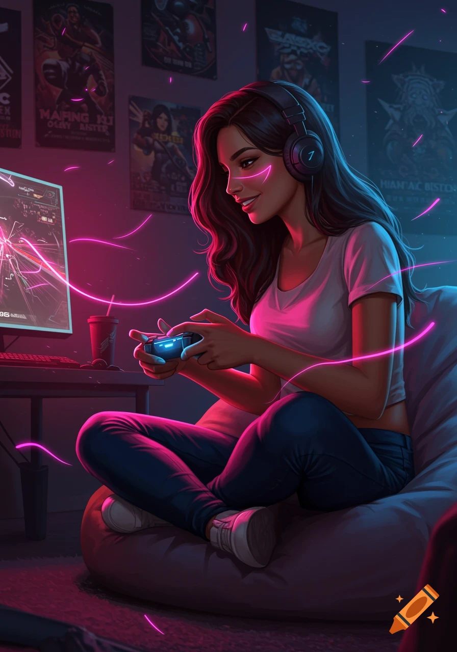A smiling brunette woman with headphones plays video games on a monitor, holding a controller in a neon-lit room with posters, digital art.