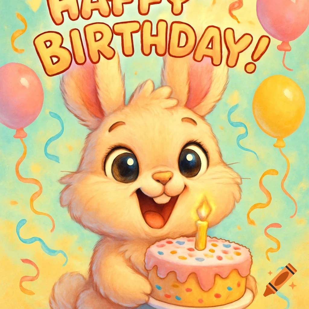 Cute cartoon rabbit holding a birthday cake with a lit candle, colorful balloons, streamers, and 'HAPPY BIRTHDAY!' text.