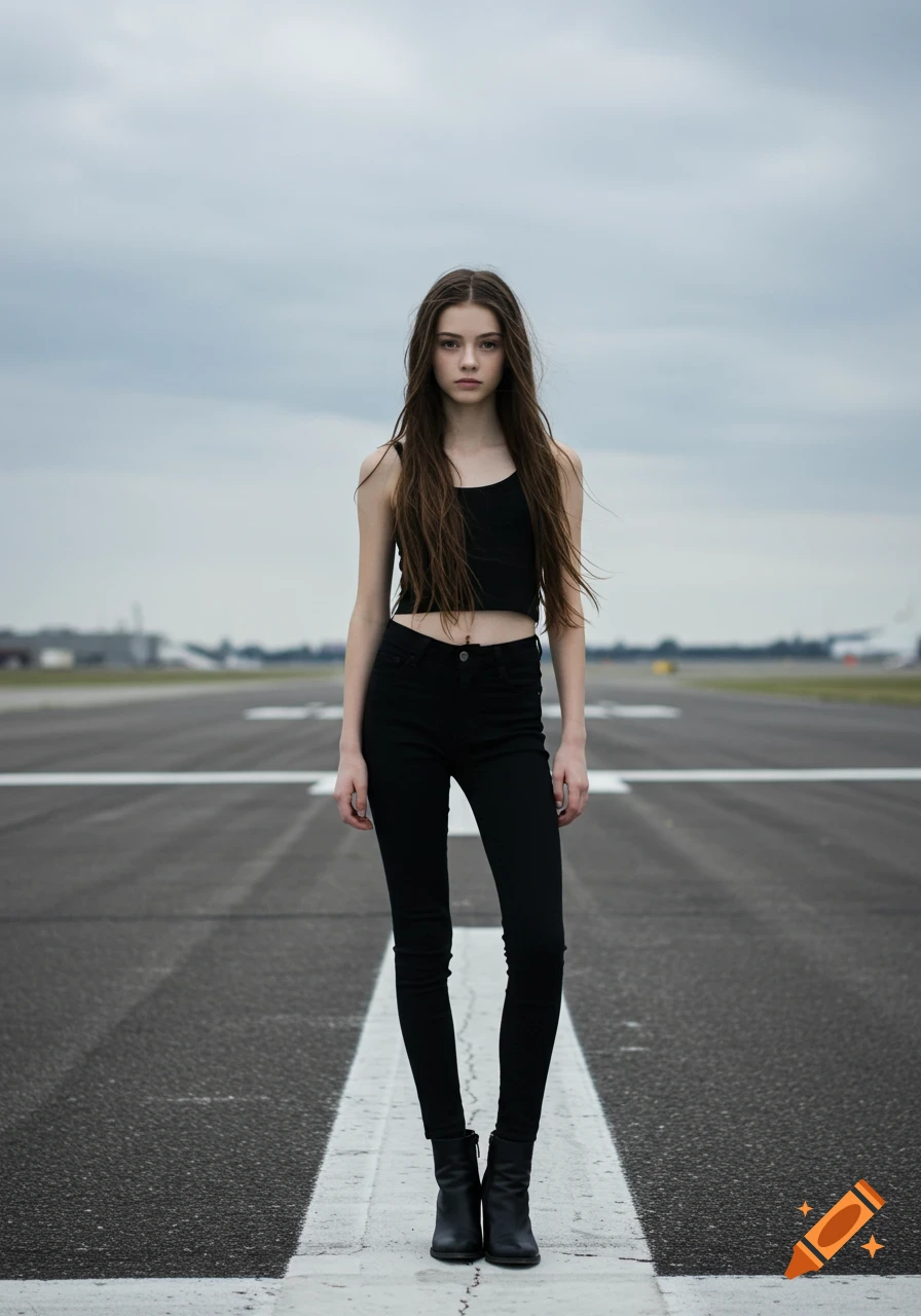 Photorealistic image of a slim girl with long brown hair, wearing a black tank top and jeans, standing on an airport runway.