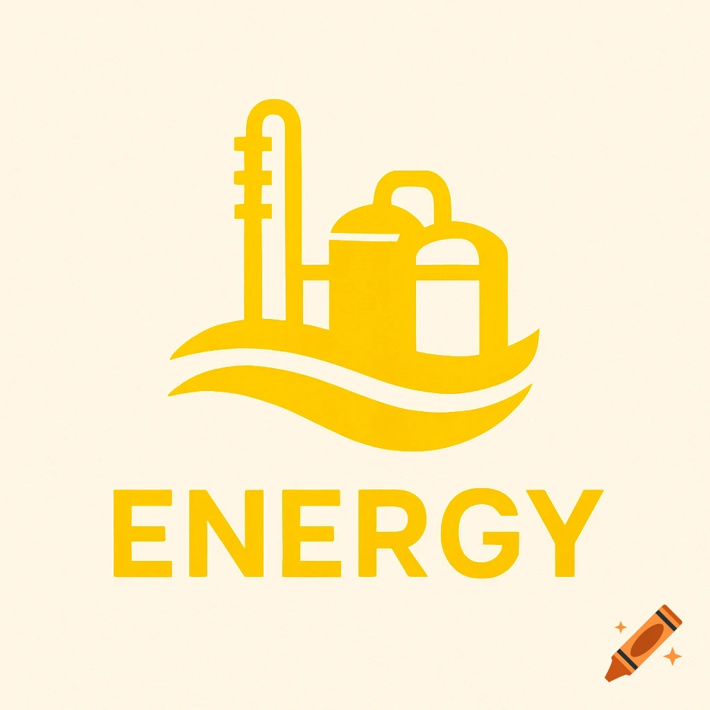 Yellow logo for an energy company with an abstract refinery and tanks over waves, with the word ENERGY below.