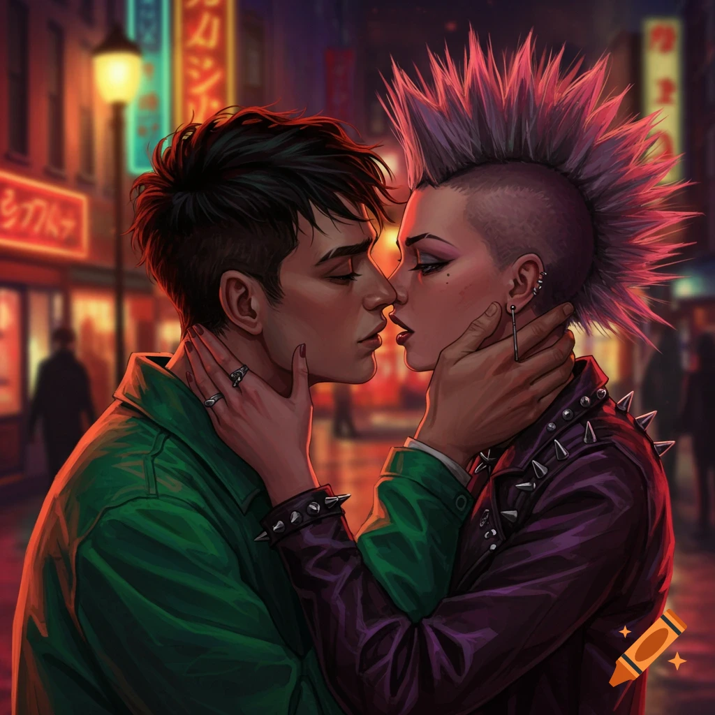 An illustration of a man and a punk woman with a pink mohawk about to kiss, illuminated by neon lights in a city street at night.