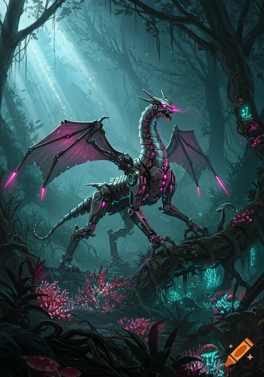 A detailed illustration of a metallic robotic dragon with glowing pink and blue accents standing in a mystical, bioluminescent forest.