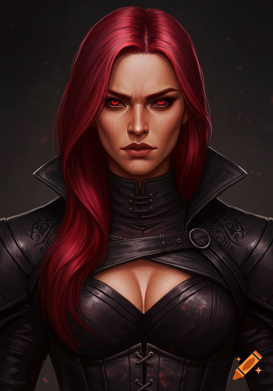 Digital art portrait of a serious woman with long crimson red hair and glowing red eyes, wearing a dark leather outfit with a high collar.