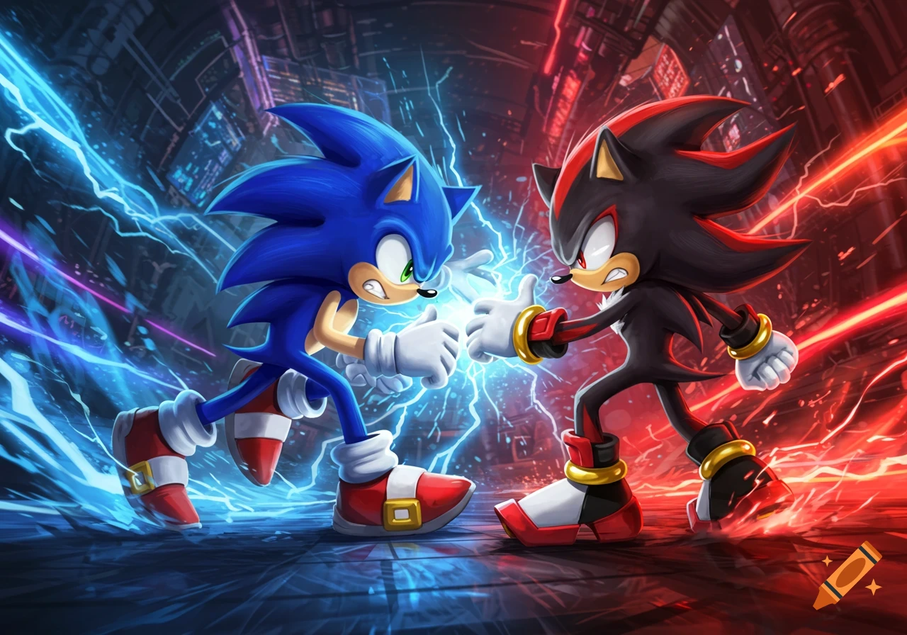 Sonic the Hedgehog and Shadow the Hedgehog face off with glowing energy between them, against a dynamic futuristic backdrop.