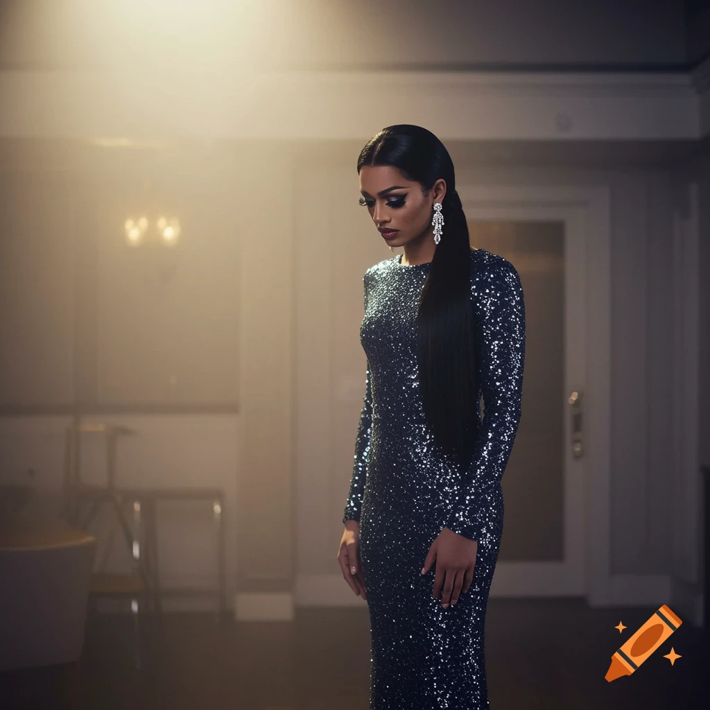 A drag queen in a long-sleeve sequin dress with long dark hair stands in a dimly lit room, looking sad.