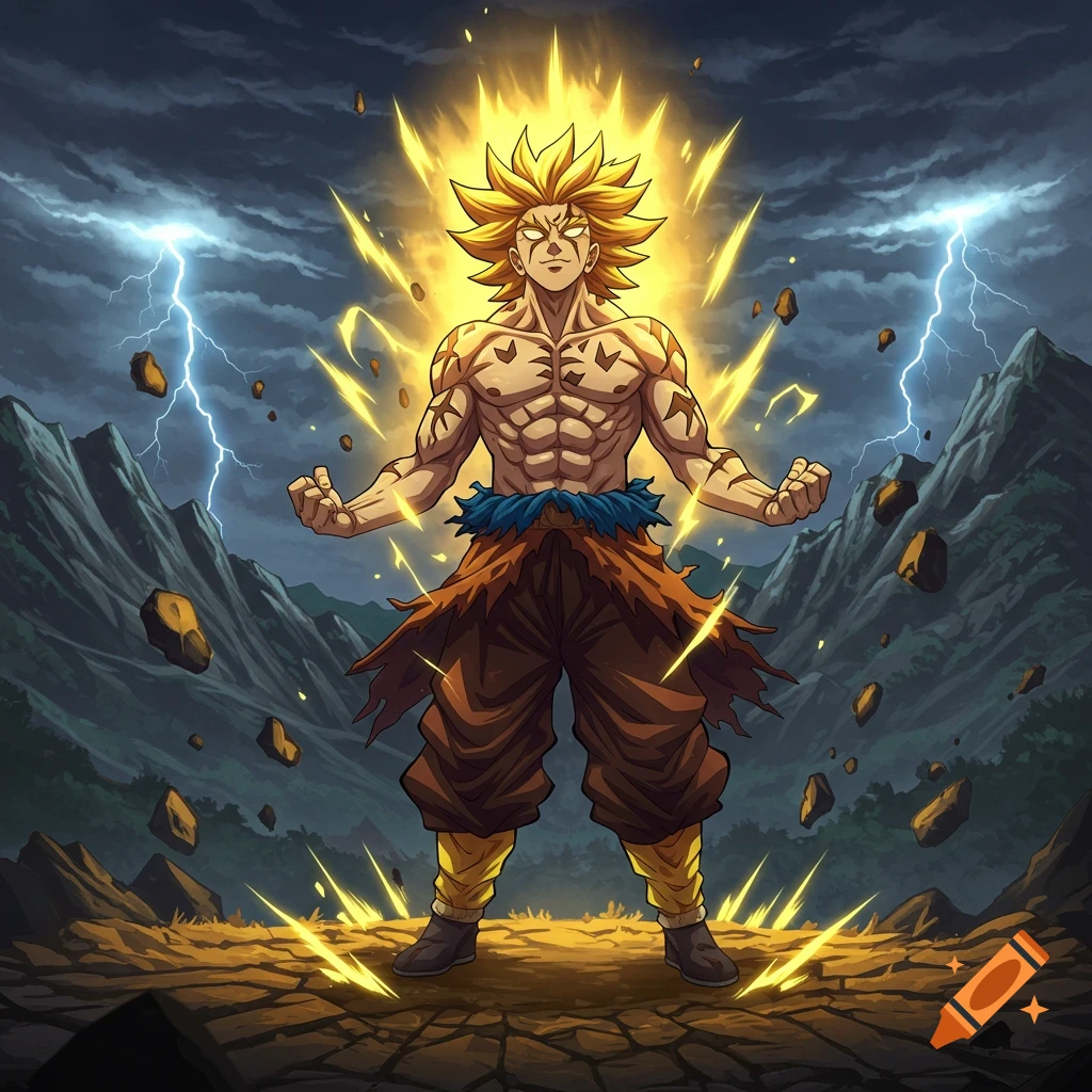 A powerful, muscular anime character with spiky blond hair and glowing eyes, surrounded by yellow energy, stands in a stormy, mountainous landscape with lightning.
