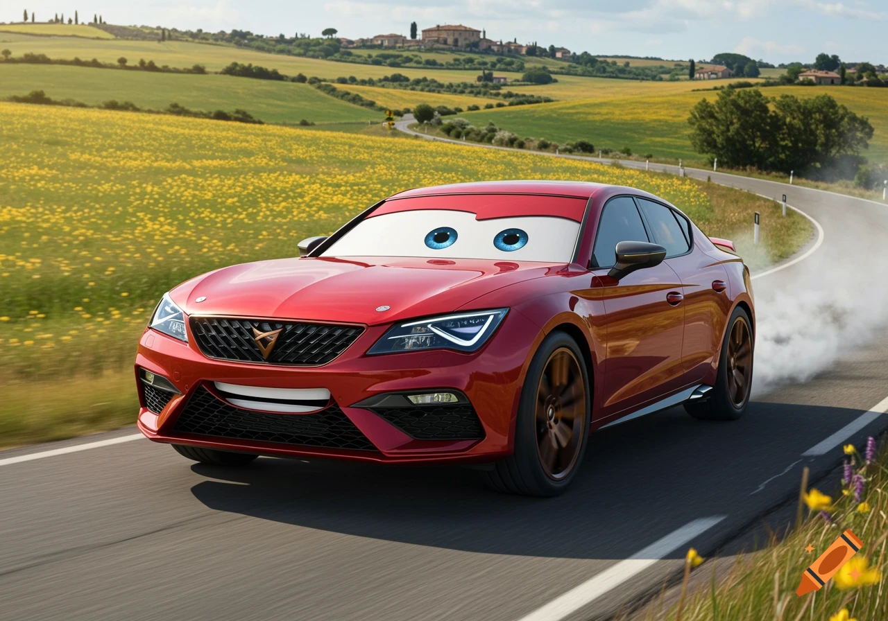 A red sports car with cartoon eyes and a mouth like Lightning McQueen, driving on a winding road through a field of yellow flowers.