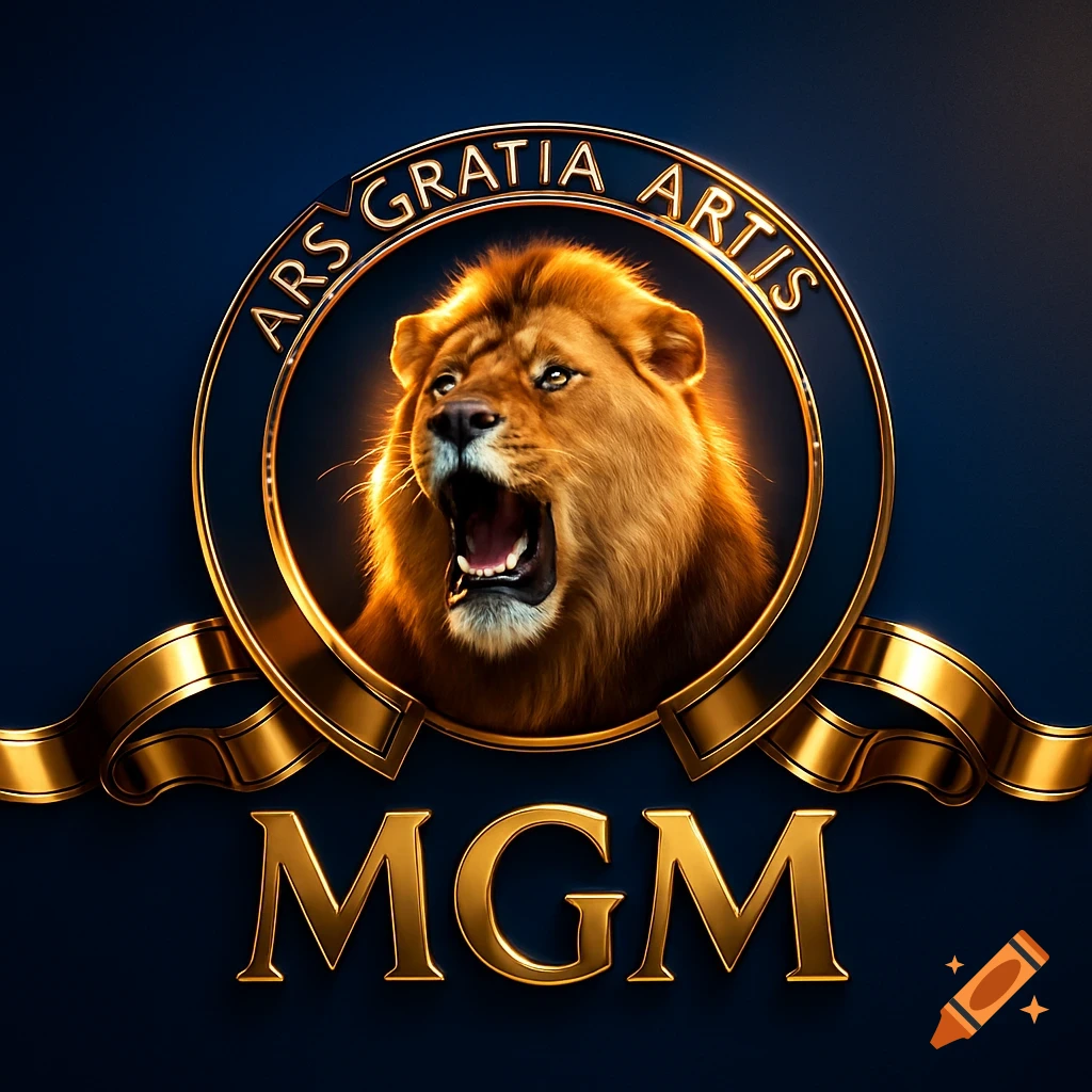 A gold and blue MGM logo featuring a roaring lion's head within a circular frame inscribed with "ARS GRATIA ARTIS".