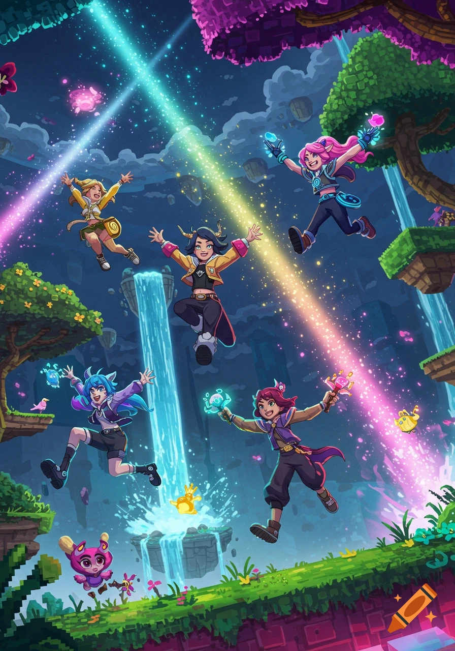 Five cheerful cartoon characters leap through a vibrant fantasy world of floating islands, waterfalls, and colorful light beams.