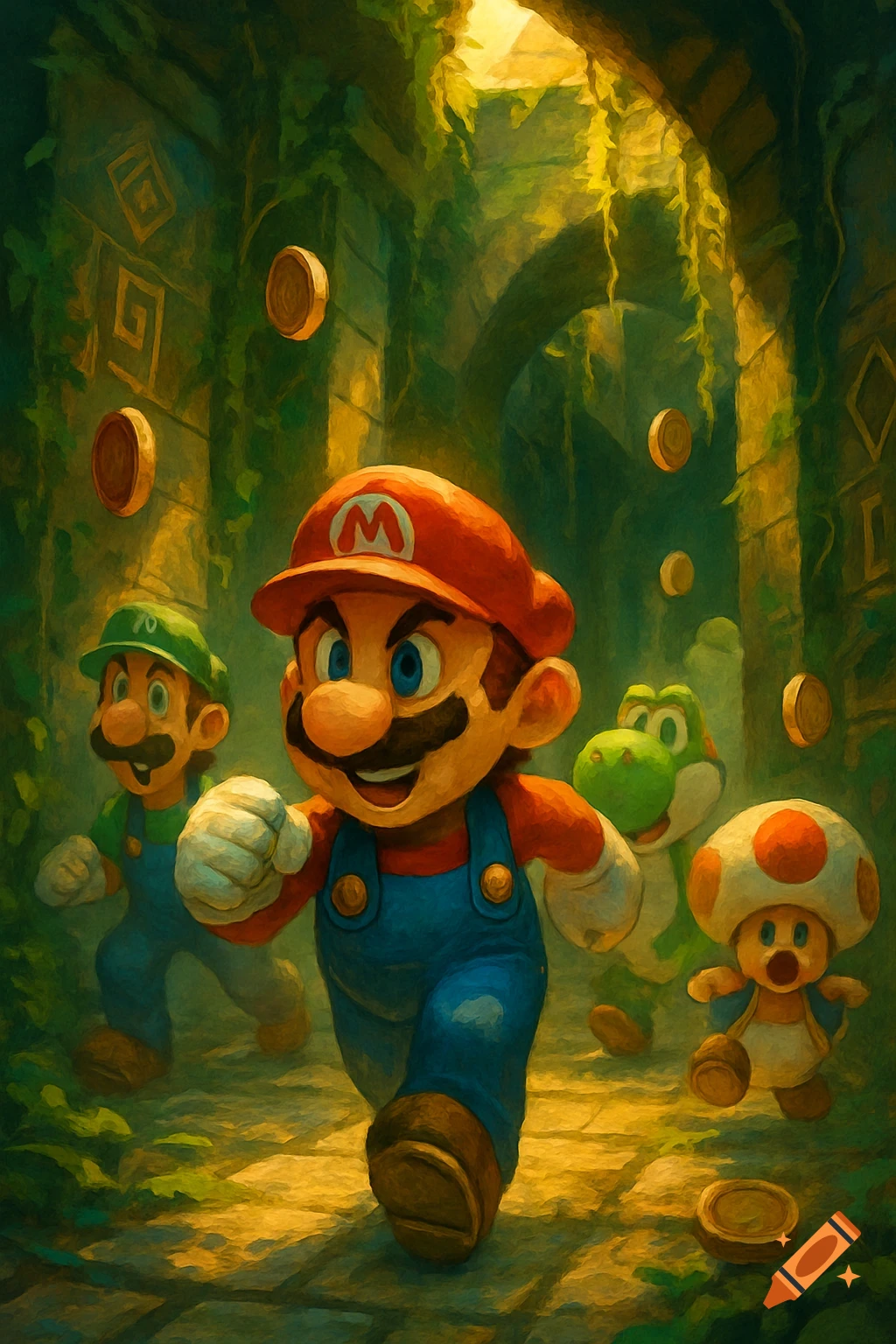 Mario, Luigi, Yoshi, and Toad run through a mossy, ancient ruin with golden coins floating, in a painterly style.