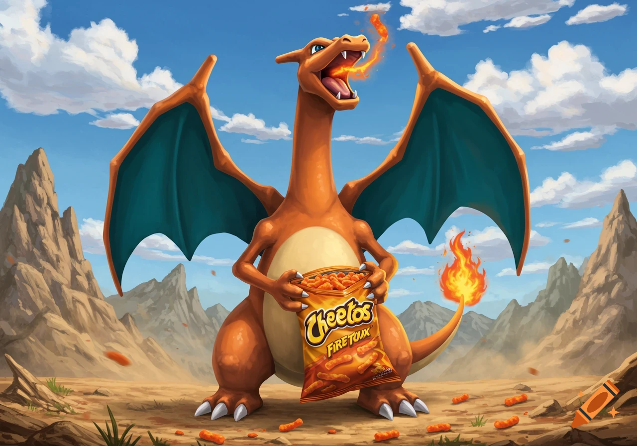 An illustration of Charizard holding a bag of Cheetos and breathing fire in a rocky, desert-like landscape.
