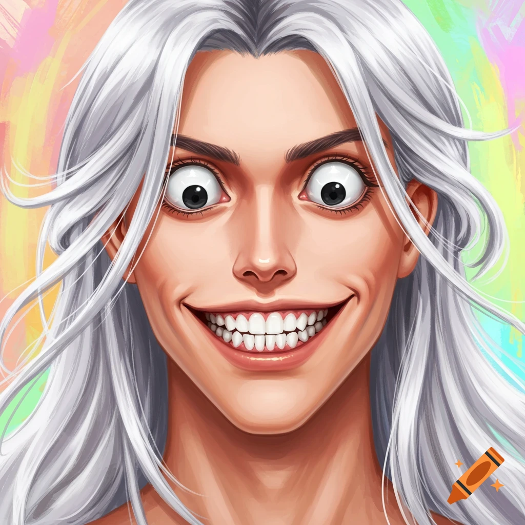 An anime-style portrait of a person with silver hair, wide googly eyes, and an exaggerated wide smile showing many teeth on a colorful background.