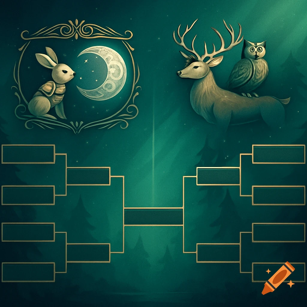 A dark teal tournament bracket with gold outlines. A rabbit and moon are in one corner, a deer and owl in another, set against a forest background.
