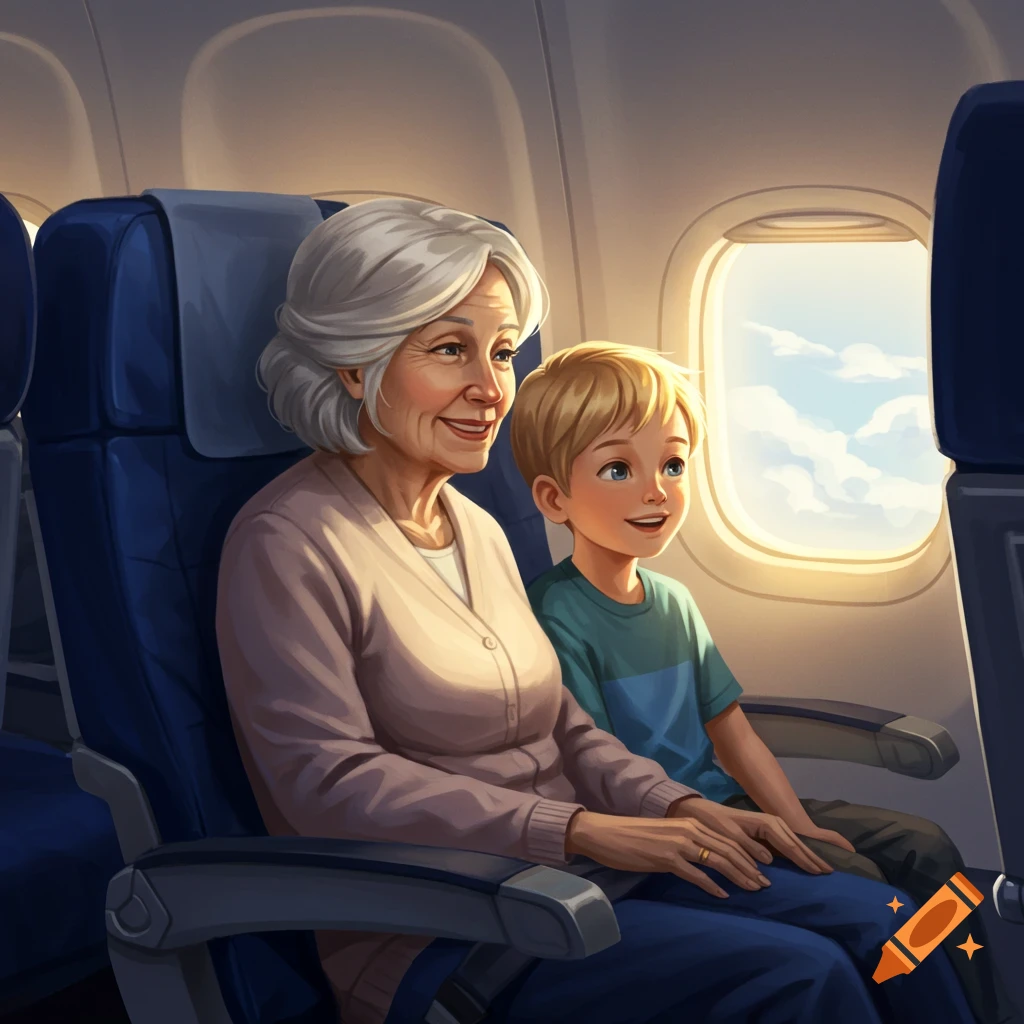 An illustration of a grandma and her grandson sitting on an airplane, looking out the window.