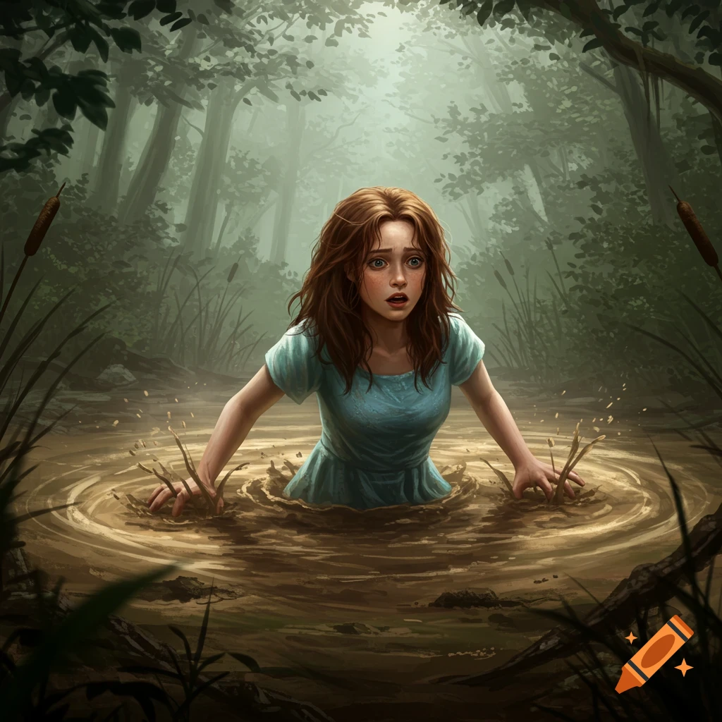 An illustrative image of a distressed teenage girl sinking in muddy quicksand in a misty forest.
