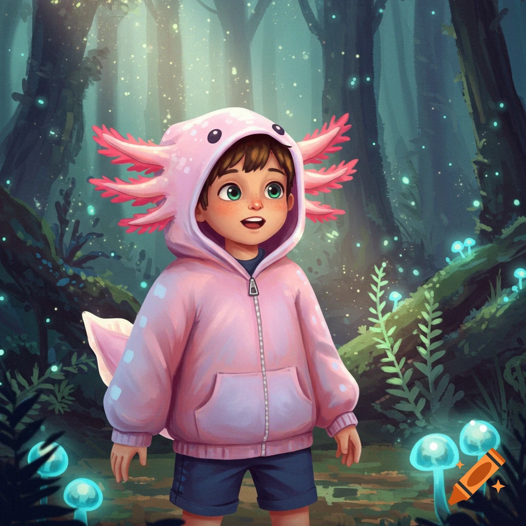 A cartoon boy in a pink axolotl hoodie stands in a magical forest with glowing mushrooms and fireflies.