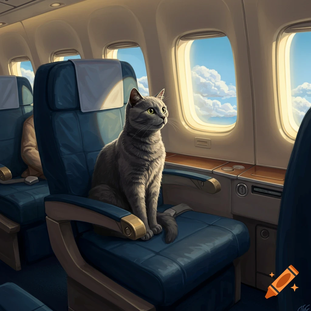 Illustrative image of a grey cat sitting on a blue airplane seat, looking out the window at the clouds.