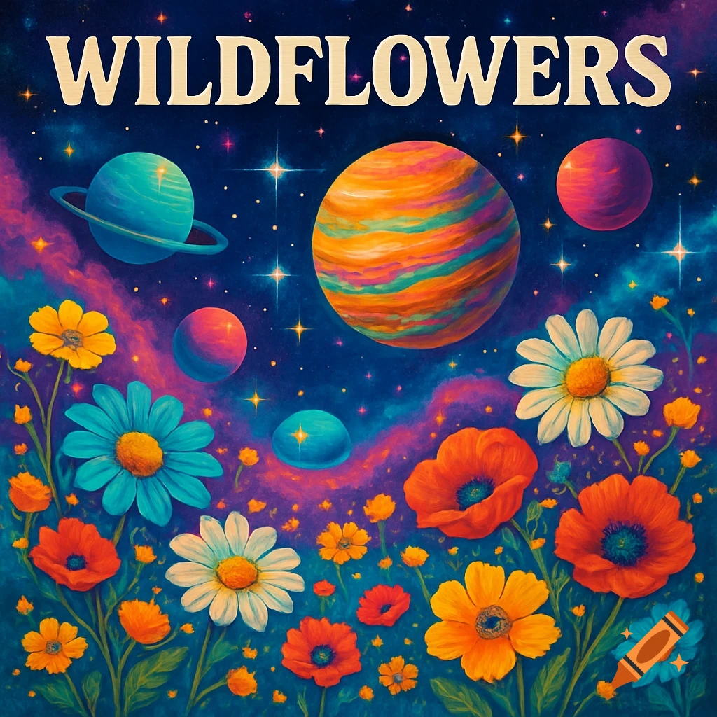 An album cover titled 'WILDFLOWERS' depicting colorful wildflowers and planets in a vibrant, star-filled cosmic sky.