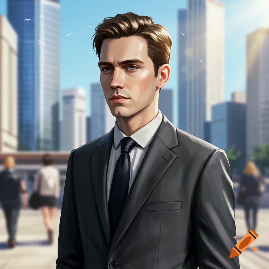 A man in a dark suit with a blue tie stands looking left in a digital art style, with blurred city skyscrapers behind him.